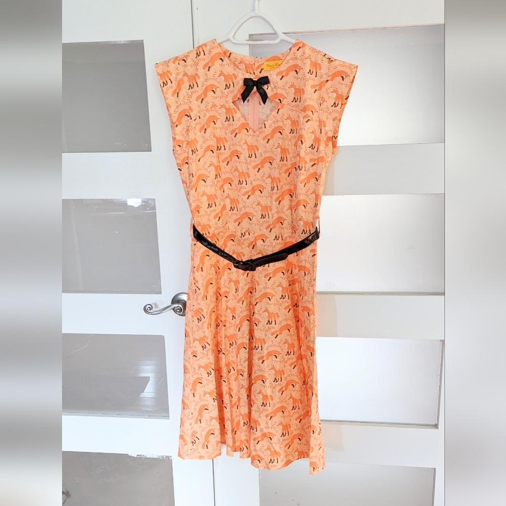 Fox dress cute pinup vintage style bow Lolita orange belted A line
